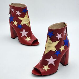 Tommy Hilfiger Metallic Stars Peep Toe Booties Red Pink Blue Gold Size 37